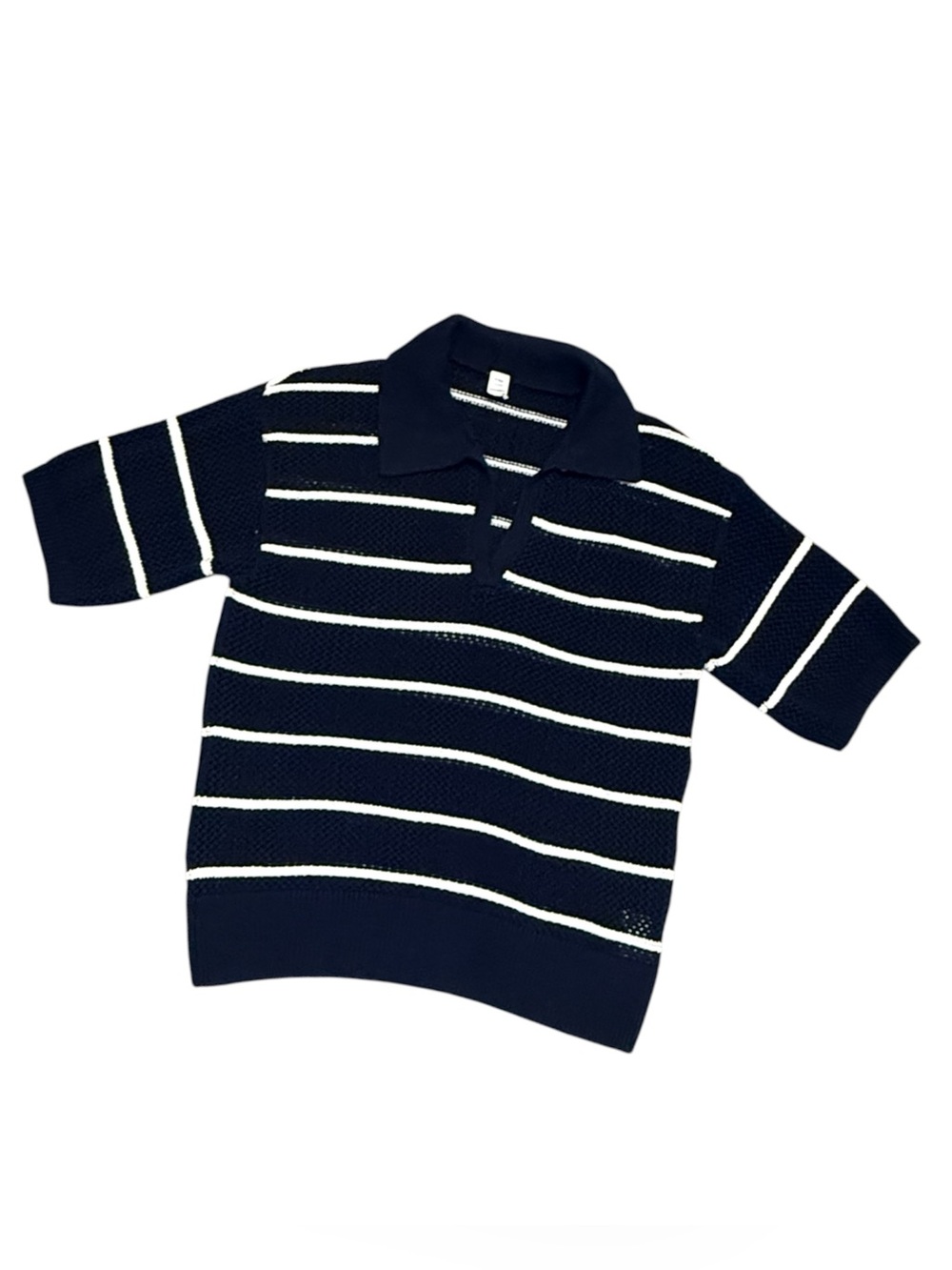 Navy & White Open Knit Striped Polo Sweater Top White Short Sleeve Medium Tall